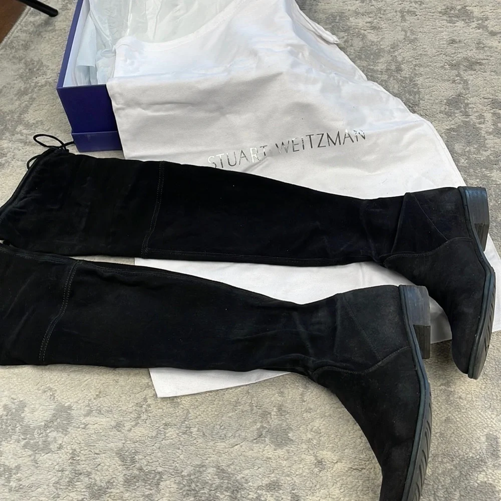 Stuart Weitzman Lowland Over The Knee Boots Black Suede Tie Back Sz 7